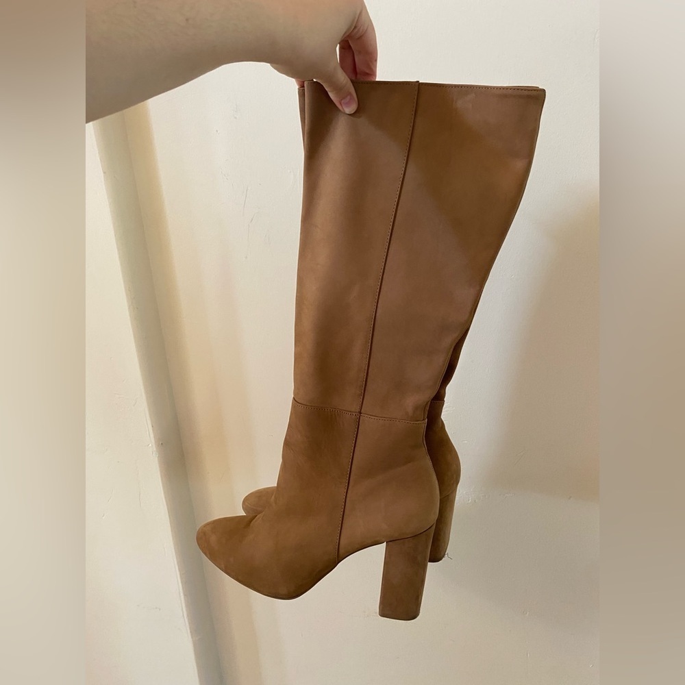 Steve Madden Ninny Brown Knee High Boots Block Heel Size 11 Camel Nubuck